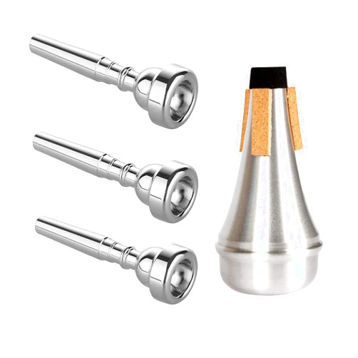 Kuylive 3 Pack Trumpet Mouthpiece (3C 5C 7C) with Lightweight Aluminum Practice Trumpet Mute Silencer Fit for Yamaha Bach Conn King Replacement Musical Instruments Accessories, Silver