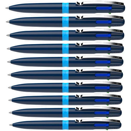 Schneider Take 4 Ballpoint Pen M (Medium), Refillable + Retractable, Dark Blue/Light Blue Barrel, 4-In-1 Multicolor Inks: Black, Red, Blue, Green, Box of 10 Pens (138003)