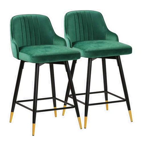 RêveLife Swivel Bar Stool with Low Back Set of 2, 25.6 Inch Counter Height Stool Velvet Upholstered Armless Heavy Duty Bar Chair with Metal Frame for Kitchen Island Dining Room Patio, Green