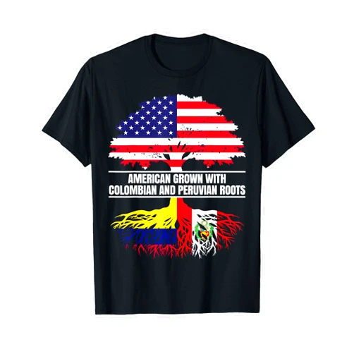 Colombia and Peru Roots American Grown with Flag Heritage Colombian Peruvian Roots T-Shirt