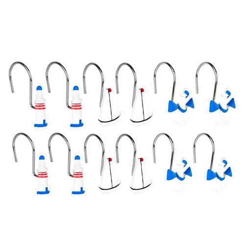 Philo Fun Nautical Shower Curtain Hooks Rust Proof, Nautical Theme Bathroom Decorative Shower Curtain Rings with Ocean White Lighthouse Ship Anchor (Set of 12)