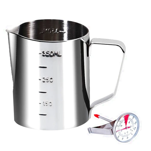 Belugahots Coffee Milk Frothing Pitcher Cup with Measurement Inside Thermometer set 12oz/350ML Stainless Steel Espresso Steaming Pitcher Tool for Cappuccino Machines Espresso Pitcher Latte Art
