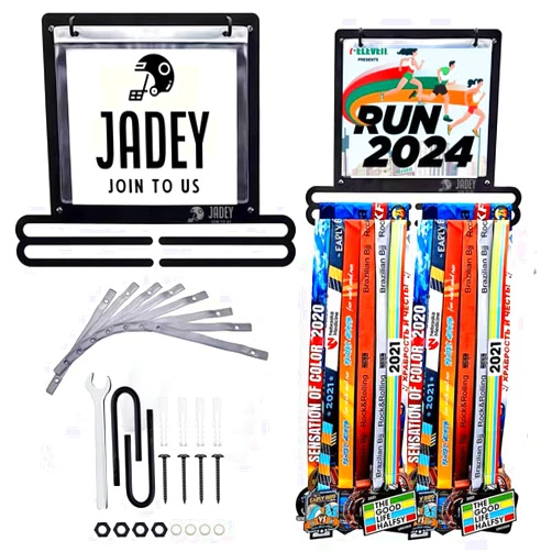 JADEY JOIN TO US Race Medal Display Wall Mounted Medal Hanger Running Bib and Medal Holder Hanging Medal Rack Display Square Shape Medal Holders with Bib Holder.