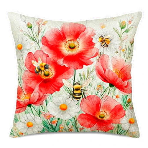 Asminifor Throw Pillow Covers Poppy Daisy Flower with Bees Decorative Pillow Case Cushion Cover Home Sofa Couch Decoration Cotton Linen Square 18 x 18 Inch Pillowcases (Bee Poppy)