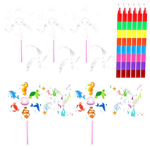 Blosssound Summer Ocean Craft Kits Bulk for Kids 30 Pcs Ocean DIY Pinwheels and 6 Pcs Crayon Make Your Own Ocean Animals Craft Coloring Kit for Classroom Daycare Activities Kids School Party Favors