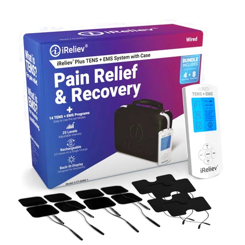 IReliev FDA Cleared iReliev TENS Unit + EMS 14 Therapy Modes, Premium Pain Relief and Recovery System, Rechargeable, Large Back Lit Display, 12 Electrodes & Case