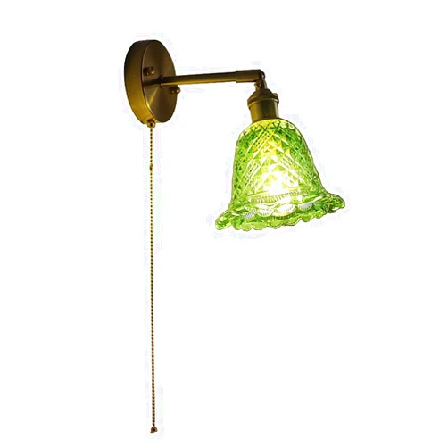 Wlmehujj Vintage Wall Sconce with Pull Switch, Morden Brass Wall Lights Glass Shade E27 Base Bedside Wall Lamps for Bedroom Living Room Bathroom Farmhouse Vanity (Green)