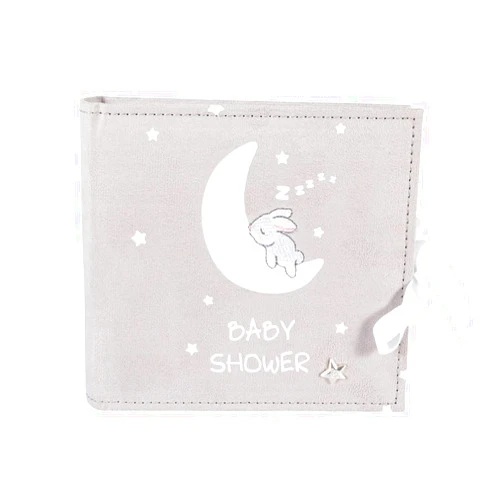 Happy Homewares Cute and Beautiful Neutral Grey Suede Baby Shower Photo Album - 80 Spaces for 4x6 Photos | White Moon and Stars