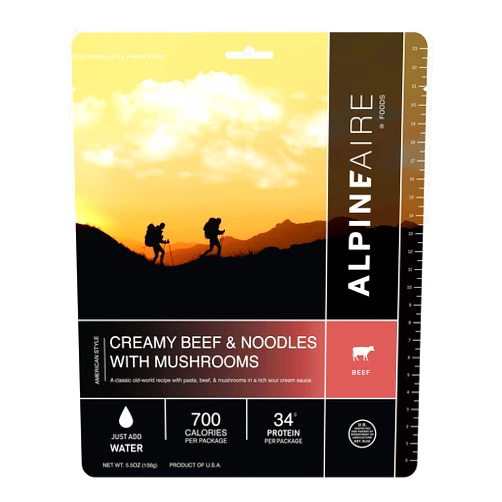 Alpine Hearing Protection Alpine Aire Foods Creamy Beef & Noodles with Mushrooms Freeze-Dried/Dehydrated Entrée Meal Pouch, Just-add-Water, 2-Servings per Pouch, 18g of Protein per Serving