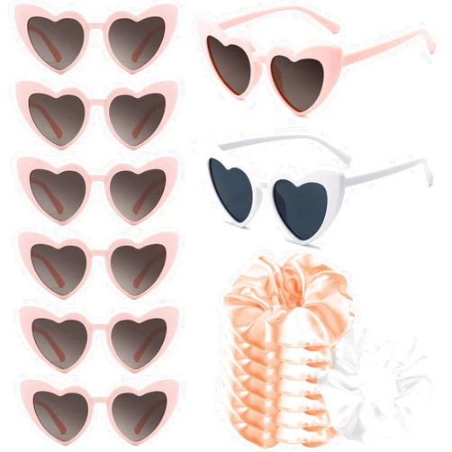 KUUQA 8 Pairs Heart Shaped Sunglasses and 8 Pack Satin Bridesmaid Scrunchies Bachelorette Party Sunglasses Bulk Bride Bridesmaid Glasses Wedding Décor