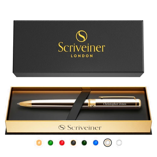 Scriveiner Personalized Silver Chrome Ballpoint Pen - Stunning Luxury Pen, 24K Gold Finish, Schmidt Ink Refill, Best Engraved Ball Point Gift Set for Men & Women, Custom Name Engraving