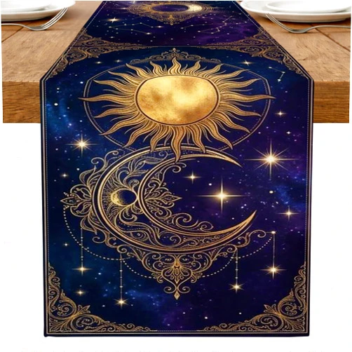 Generic Celestial Sun Moon Table Runner, Bohemian Vintage Starry Night Kitchen Dining Decor for Home Family Gatherings Holiday Celebrations 13x108 Inch