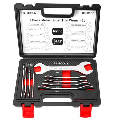 BILITOOLS Super Thin Open End Wrench Set, 9 Piece Metric 5.5 to 27 MM, CR-V Steel, HRC 40-45