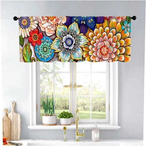 BrilliStar Boho Flower Kitchen Curtains Colorful Oil Painting Flowers Design for Windows Valances Rod Pocket Curtain Valance for Bathroom Living Room Cafe 54x18 inch Window Treatment for Home Décor