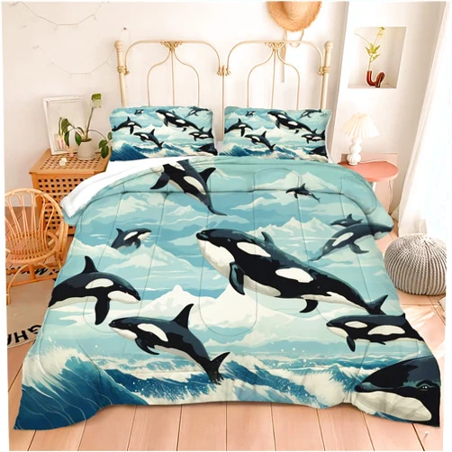 BIVVI Killer Whale Bedding Sets Full Orcinus Orcas Surfing Down Comforter Set for Kids Boys Girls Deep Sea Animals Marine Life Bed Set