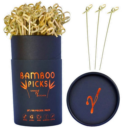 GammaKitchen Cocktail Picks - Bamboo Skewers - Long Toothpicks for Appetizers - Eco Friendly Skewer Sticks - Fancy for Martini Drinks & Food Appetizer - Charcuterie Accessories - 6 inch Wooden Knot Pick 100 pcs