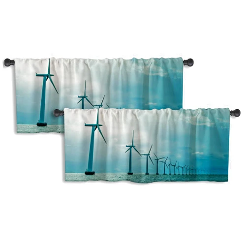 LALILO Valances for Windows Sea Landscape 2 Pack Valance Curtains, Windmills Weather Wind Farm Energy Turbine Sea Ocean Water Valance Rod Pocket 52
