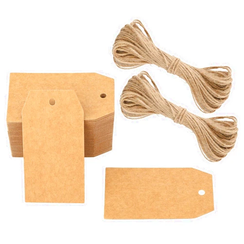 G2PLUS 100 PCS Kraft Paper Gift Tags with String,2.8''×1.6'' Blank Brown Tags Hanging Labels,Product Tags,Rectangle Present Tags for Craft Projects, Xmas Gifts,DIY Project