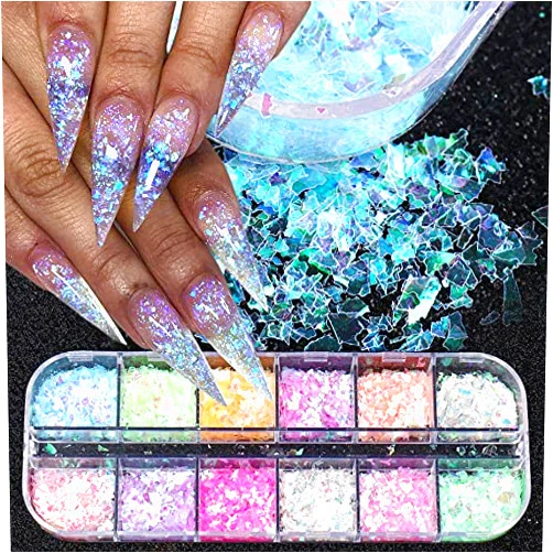 CHANGAR Mermaid Flake Nail Glitter Sequins, CHANGAR Iridescent Ice Slag Nail Glitter Colorful Fluorescent Glass Paper Nail Sticker Holographic Nail Glitter for Make Up DIY Nail Decoration