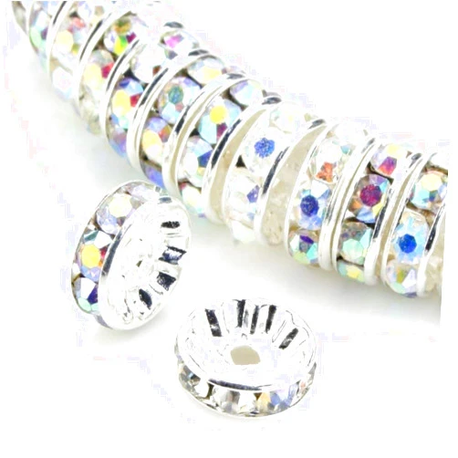Allb 100Pcs Rondelle Spacer Beads 6mm Silver Plated Czech Crystal Rhinestone for Jewelry Making Loose Beads for Bracelets