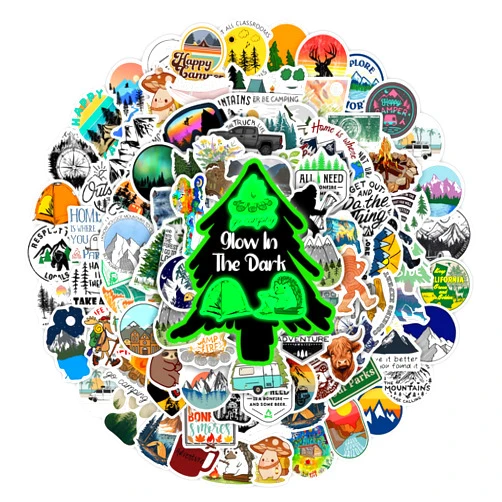 Robmoda 100 Pcs Outdoor Adventure Hiking Camping Stickers for Water Bottle, Waterproof Vinyl Wilderness Nature Travel Wildlife Laptop Decals, Summer Camp Sticker for Teens Adults Kids