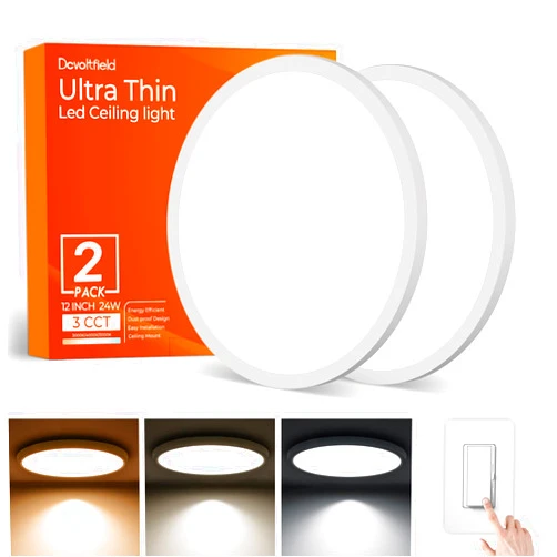 Dcvoltfield 2Pack 12Inch LED Flush Mount Ceiling Light Fixture,24W 2400LM,Dimmable CCT 3000K/4000K/5000K,Round Flat Panel Light for Bedroom,0.7Inch Thin Modern Low Profile Hardwire Lights for Hallway,Porch