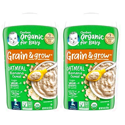 Gerber Baby Cereal Organic 2nd Foods, Grain & Grow, Oatmeal Banana, 8 Ounce (Pack of 2)