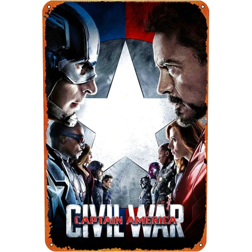 IEITB Captain America: Civil War Art Poster Metal Tin Logo Vintage Metal Poster Family Club Bar Cafe Bedroom Wall Decoration Gift 8x12 inches