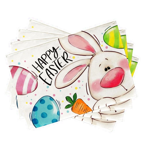 Seliem Happy Easter Bunny Placemats Set of 4, Cute Rabbit Eggs Carrot Polka Dot Stripes Dining Table Place Mats, Spring Farmhouse Kitchen Decor Home Decoration 12 x 18 Inch