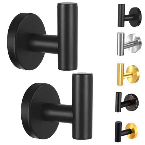 Kruodop Towel Hooks for Bathroom,2 Packs Wall Mount Towel Holder,Black Matte Wall Robe Hook,Stainless Steel Heavy Duty Door Hanger Towel Hook for Kitchen, Bedroom,Hotel,Pool,Coats(Drilling)