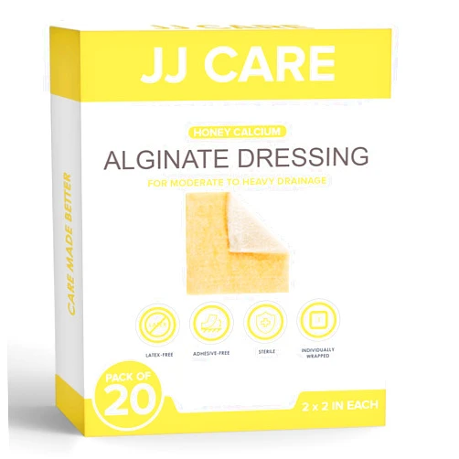 JJ CARE Honey Calcium Alginate Dressing 2”x2” [Pack of 20] Honey Wound Dressing with Calcium, Honey Patches for Faster Wound Care, Medical Grade Honey Bandages for Burns, Latex Free