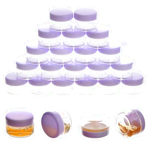 ZEJIA 5 Gram Sample Containers with Lids, Mini Makeup Containers, Empty Plastic Travel Cosmetic Containers with Labels(25 Count, Purple Lid)