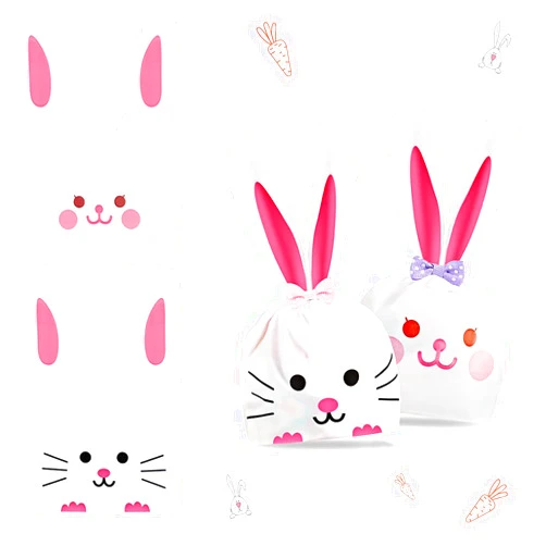 Ausejopeac 100 Pieces Easter Bunny Bags Candy Gift Bags, Rabbit Long Ear Cookie Snack Bag for Easter Party Favors