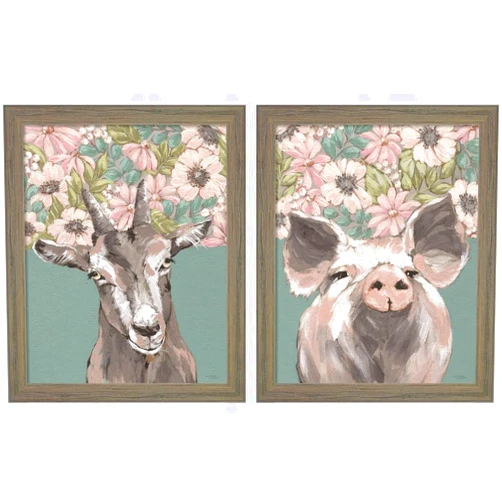 Great Art Gertie the Goat & Patrice the Pig by Michele Norman, 2 Piece Rustic Gray Framed Art Set, 9 X 11 Inches Each, Floral Animal Art