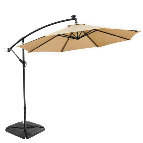 Yaheetech 10 Ft Cantilever Umbrella with 32 LED Lights & 4pcs Base Stand 3m Patio Offset Umbrella Outdoor Sun Shade Banana Hanging Umbrella Parasol Base Included