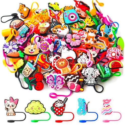 OJYUDD 60 Pcs Different Random Straw Covers Cap,PVC Cute Drinking Straw Toppers,Reusable Dust Proof Straw Covers Cap,10 mm Tumbler Cup Straw Accessories
