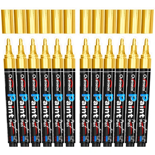 Overseas Gold Paint Pens - Permanent Acrylic Markers 12 Pack, Water-Based, Quick Dry, Waterproof Paint Marker Pen for Rock, Wood, Plastic, Metal, Canvas, Glass, Fabric, Mugs. Medium Tip