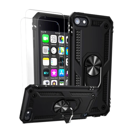 ULAK Compatible with iPod Touch 7/6/5 Case with 2 HD Screen Protectors, Hybrid Rugged Shockproof Cover with Built-in Kickstand for iPod Touch 7th/6th/5th Generation (Black)