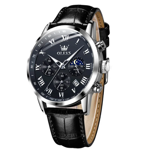 OLEVS Mens Watches Leather Chronograph Luxury Fashion Dress Analog Quartz Wrist Watch Luminous Waterproof Moon Phase Date
