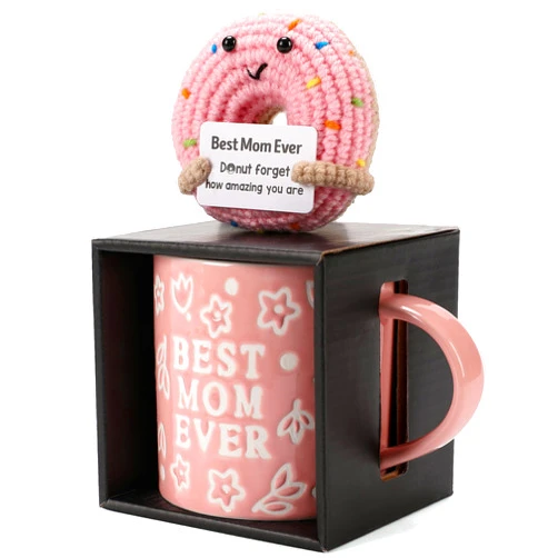 KyreDino Mothers Day Gifts, Best Mom Ever Gifts for Mom from Daughter, Pink Floral Embossed Pattern Mother's Day Mug and Handmade Donut Crochet Gifts Set