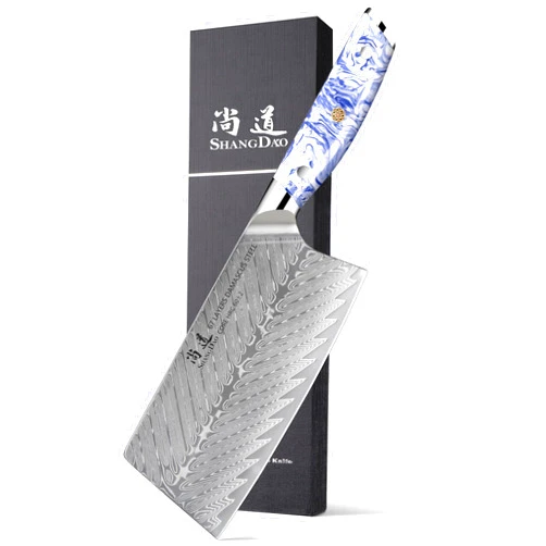 SHANGDAO 7 Inch Chinese Chef Knife,Cleaver Kitchen Knife Professional Vegetable Knife, Forged Damascus Steel with Blue and White Resin Handle - Full Tang - HUA Series