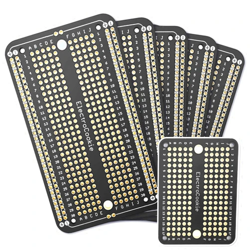 ElectroCookie Prototype PCB Solderable Breadboard for Electronics Projects Compatible for DIY Arduino Soldering Projects, Gold-Plated (5 Pack + 1 Mini Board, Matte Black)