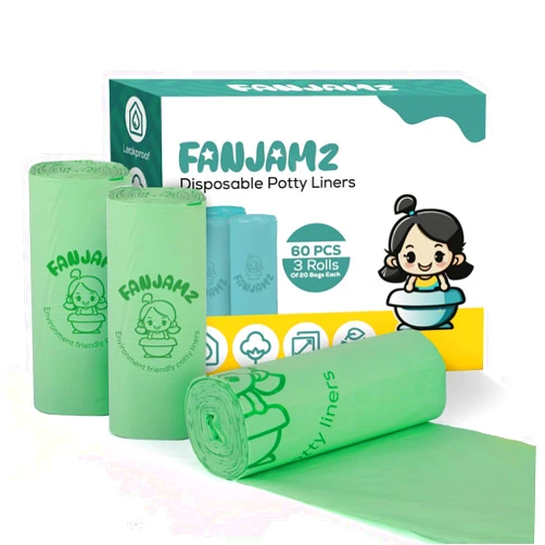 Fanjamz 60 Count Potty Liners for Toddlers & Pets – Compatible with OXO Tot 2-in-1 Go Potty- 17 x 11 inches Leak-Proof Disposable Cleaning Bag for Adults-Fits Most Potty Chairs and Travel Potty