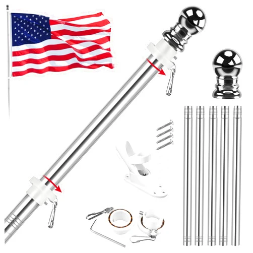 Jetlifee American Flag Pole Kit - Including All 6FT 5 Section Flag Pole, 3x5 FT Embroidered Stars American Flag, White 2 Position Flag Pole Holder And 2 Pcs 360° Rotating Anti Wrap Flag Mounting Rings