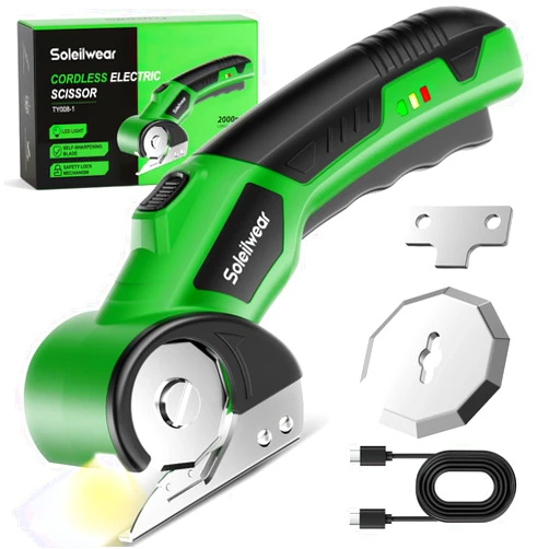 Soleilwear Cardboard Cutter, Rechargeable Cordless Electric Scissors, 4V Upgrade Motor Electric Box Cutter with 2 Blades, Safety Lock & LED Light, Powerful Cutting for Cardboard Box, Plastic, Leather