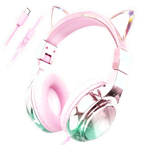 QearFun Kids Cat Ear Headphones with USB C for Girls with Microphone, 85/94dB Safe Volume Limiter, Tangle-Free Cord, Share Port, Foldable Sparkly Wired Headset for School, Travel, Tablet, iPad