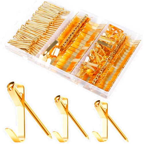 Romeda 184 Pieces Picture Hanging Kit, 20lb, 30lb, and 50lb Picture Hangers, Metal Picture Hanging Hooks with Nails, on Drywall, Wooden Wall(Gold)