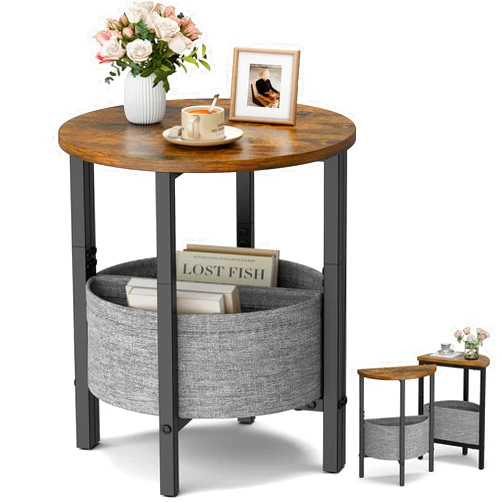 Vagusicc Small Round Side Table, Accent End Table with Storage Basket, Set of 2 Half Round Coffee Table End Table, Half Moon Bedside Table, Modern Nightstand Couch Table for Living Room Bedroom, Brown