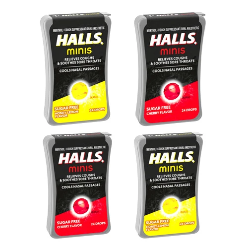HALLS Minis Cherry & Honey Lemon Sugar Free Cough Drops Variety Pack, 4 - 24 Packs (96 Total Drops)