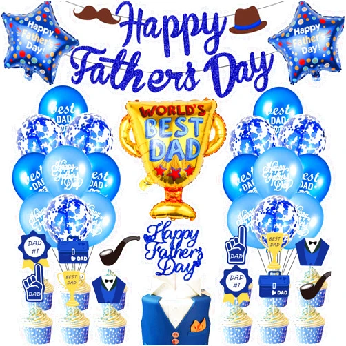 Ayiho Father's Day Decorations Blue Glitter Happy Father's Day Banner Cake Topper Blue Father's Day Balloons Photo Booth Backdrop Bunting Banner Sign Decor